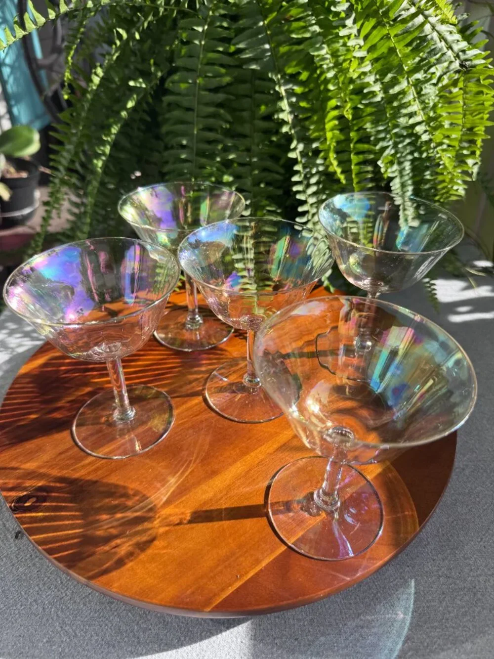 Set of 2 Vintage Fostoria Mother of Pearl Iridescent Champagne Coupe Glasses